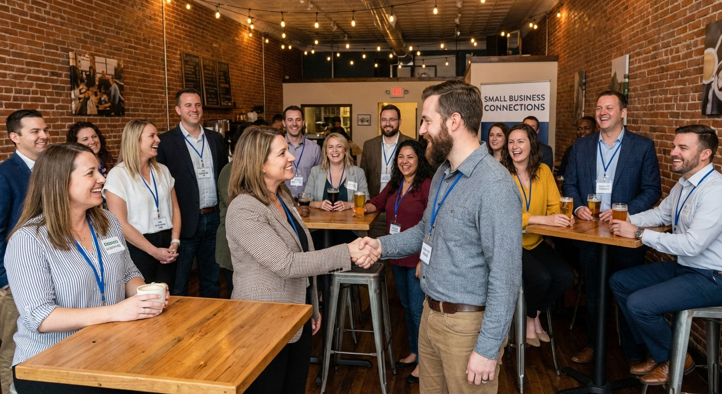 Local business owners networking at a community event, exchanging business cards and building connections