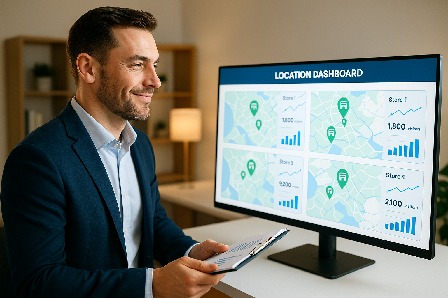 Business owner reviewing multiple location dashboards on a large monitor showing different storefronts on a map with analytics
