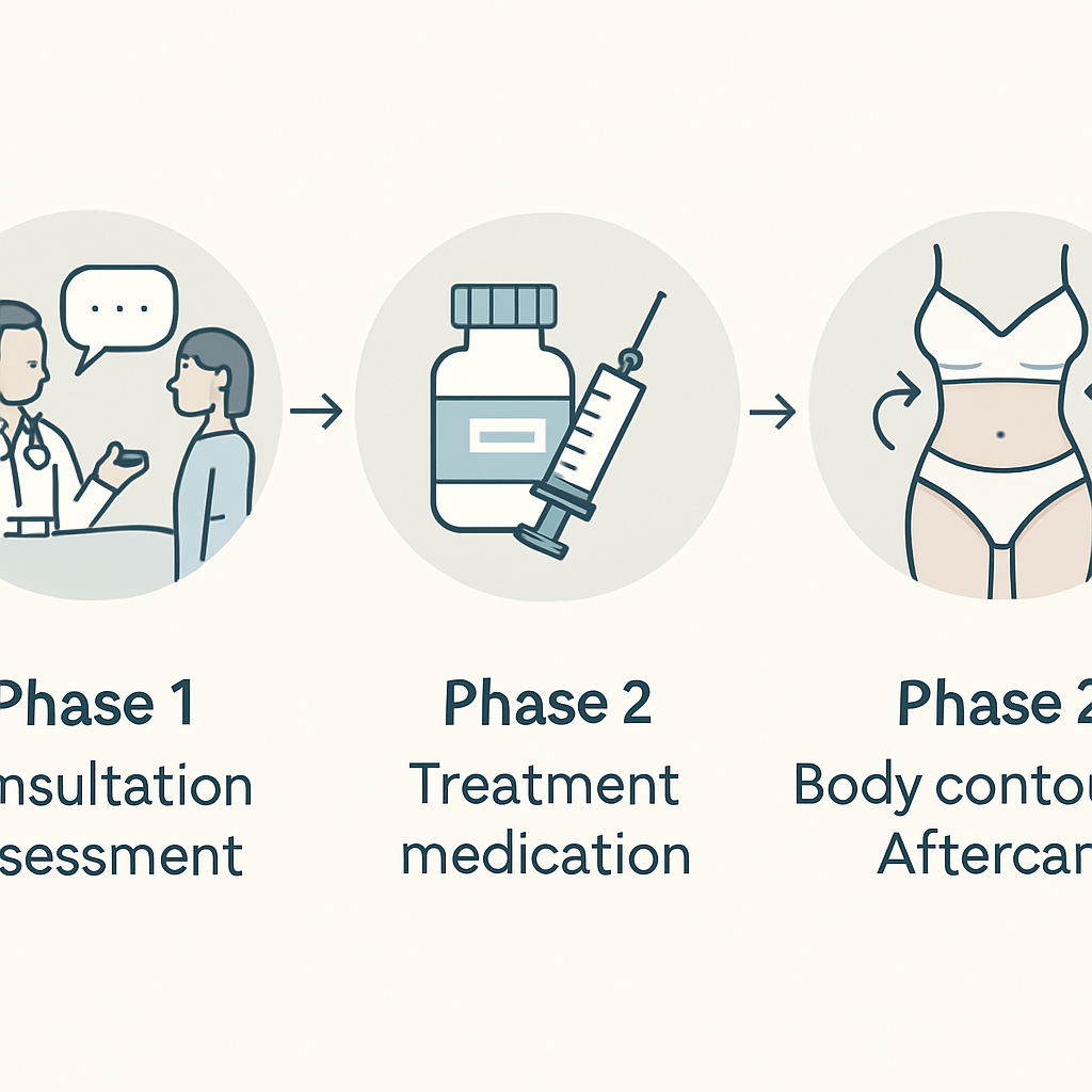 Three-phase medical weight loss program journey infographic showing consultation, treatment, and body contouring aftercare phases