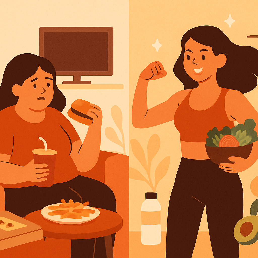 Before and after lifestyle transformation illustration showing unhealthy habits transitioning to healthy transformation with glowing confidence