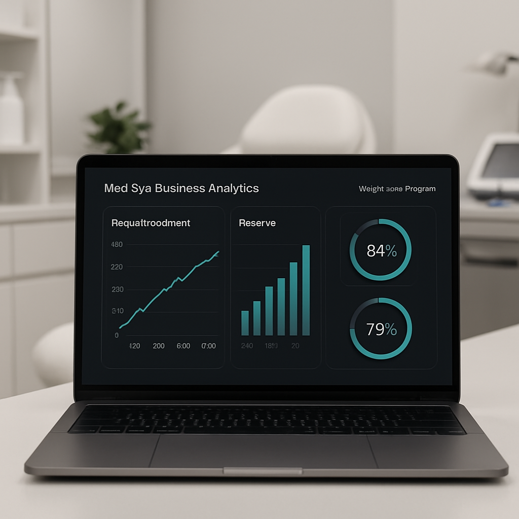 Med spa business analytics dashboard showing weight loss program metrics with enrollment and revenue charts on a laptop