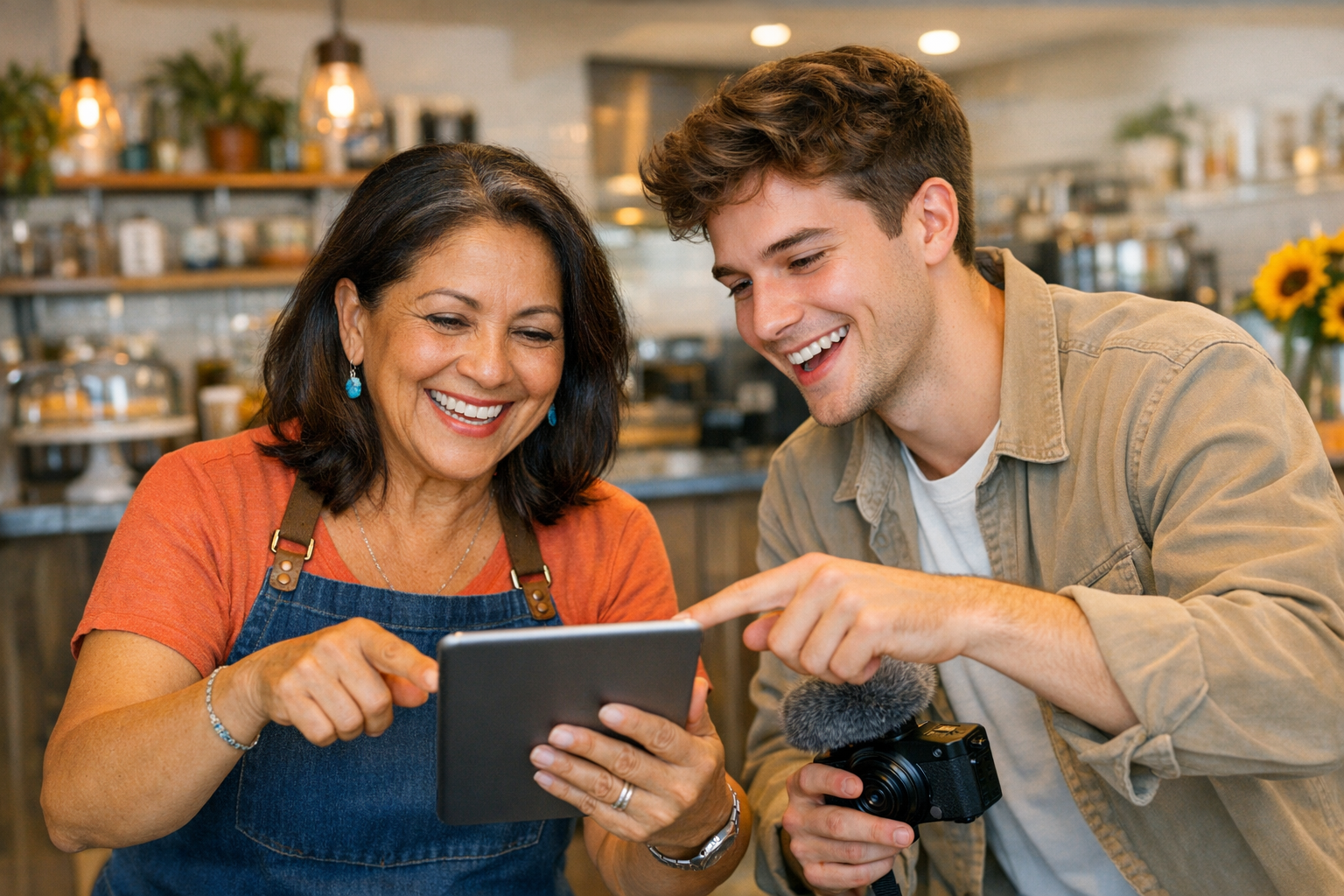 Small business owner and local content creator collaborating on marketing content together at a bright modern workspace
