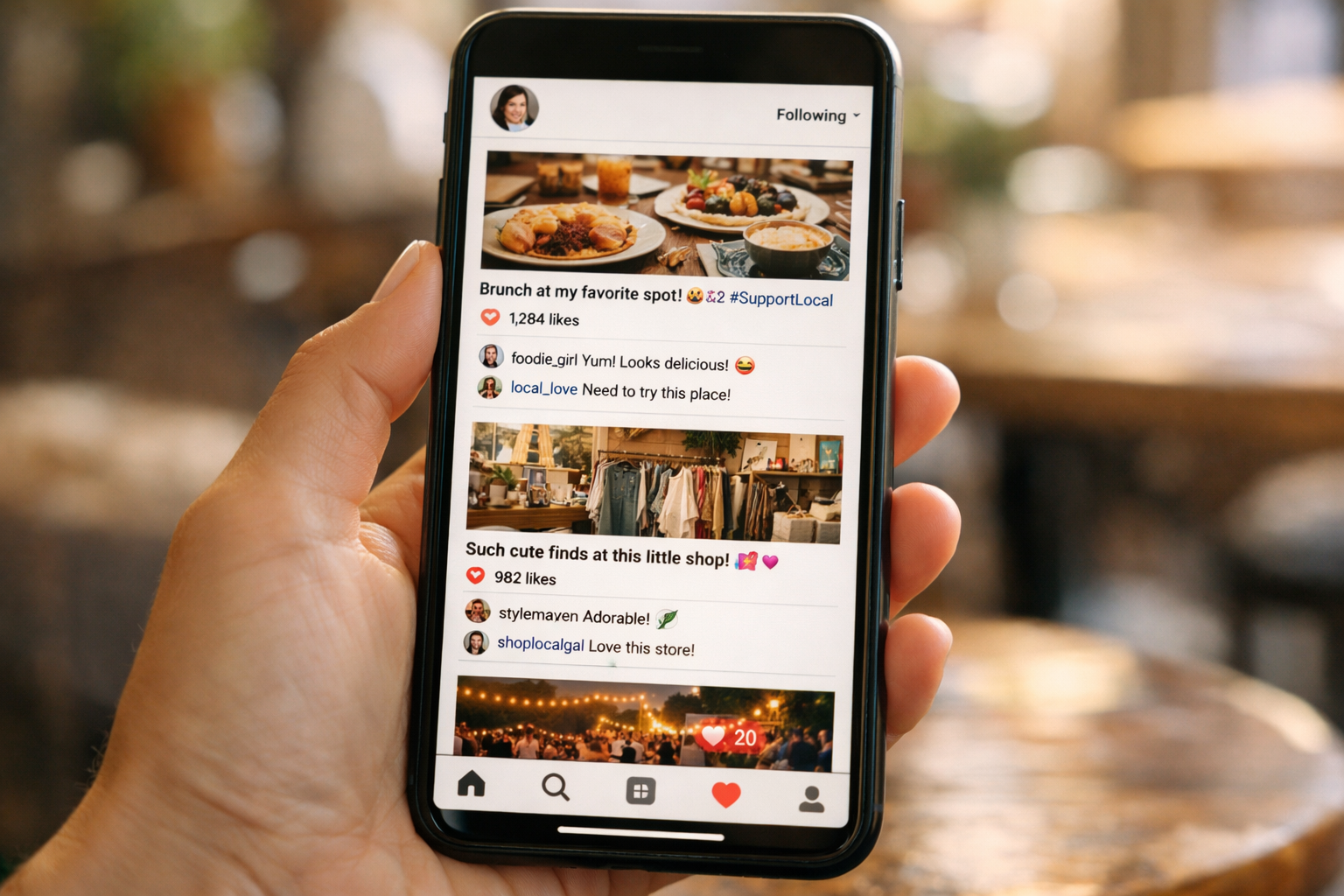 A smartphone showing a local lifestyle influencer's Instagram feed with high engagement on posts about local restaurants and community events