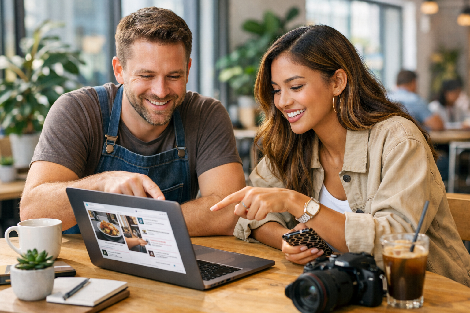 A small business owner and local micro-influencer collaborating at a cafe, reviewing content on a laptop together with creative energy