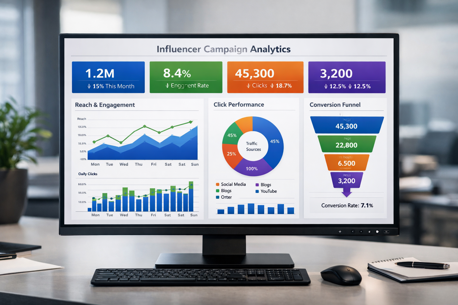 A marketing analytics dashboard showing influencer campaign metrics including reach, engagement rate, clicks, and conversions with colorful charts
