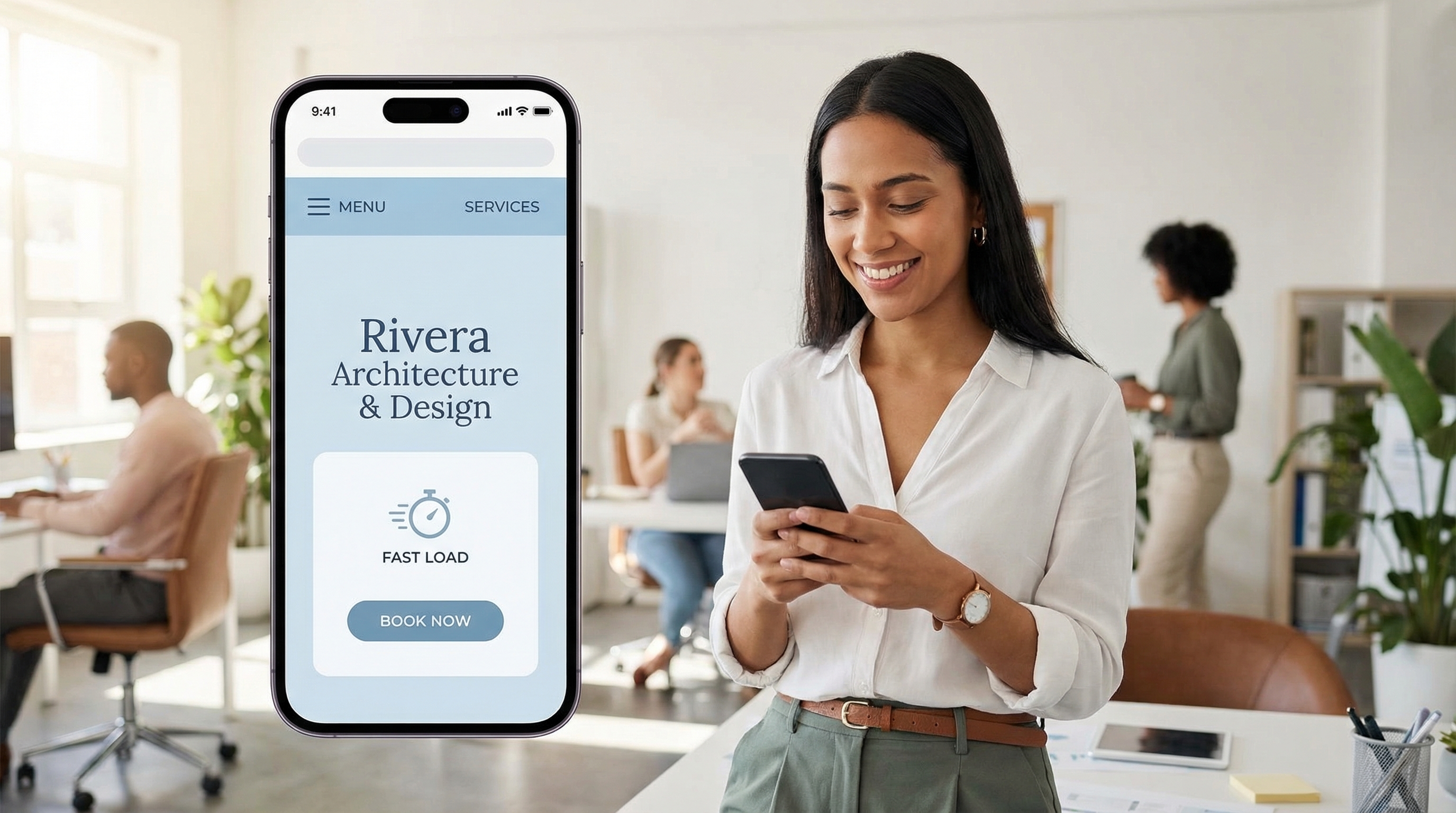 Small business owner viewing a mobile-first website on a smartphone with a clean, professional design and prominent booking button
