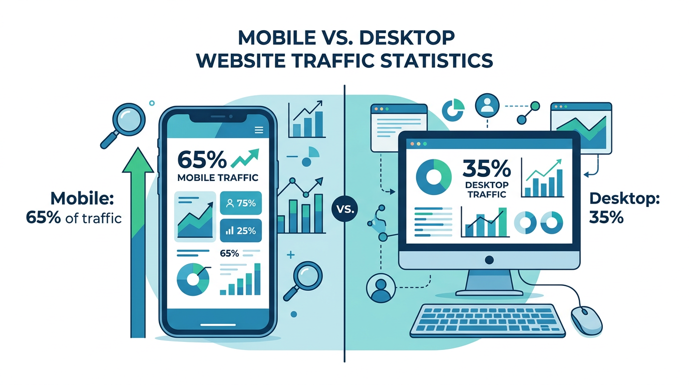 Infographic showing mobile vs desktop website traffic split with 65% mobile usage for small business websites