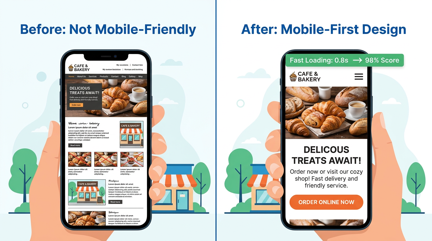 Before and after comparison showing a cluttered non-mobile-friendly website versus a clean mobile-first design with easy navigation