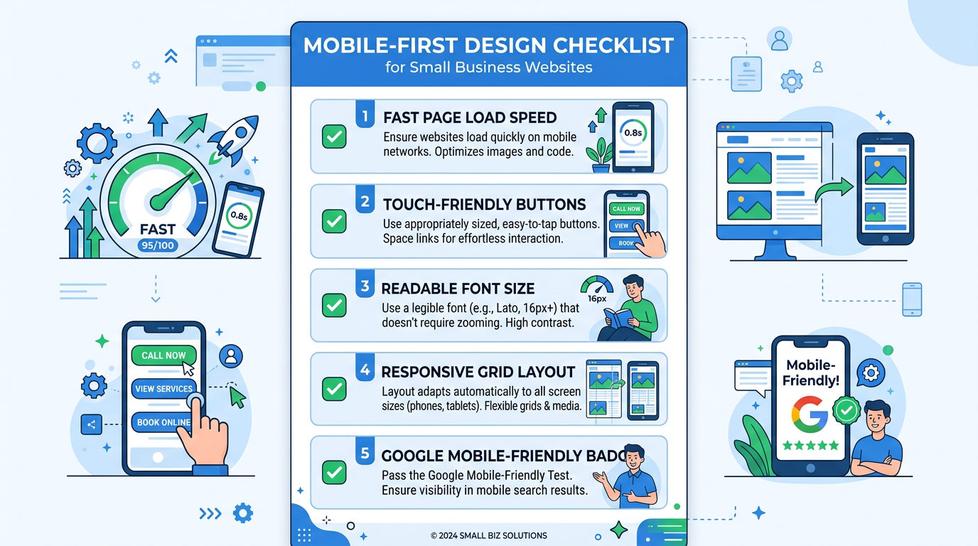 Mobile-first design checklist showing five key optimization elements: page speed, touch-friendly buttons, readable text, responsive layout, and Google mobile-friendly badge