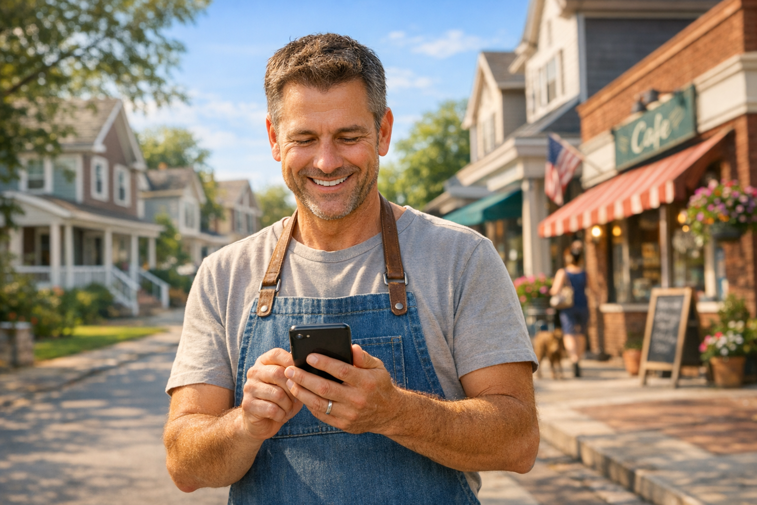 Friendly small business owner on a sunny suburban neighborhood street using a smartphone app to connect with local customers