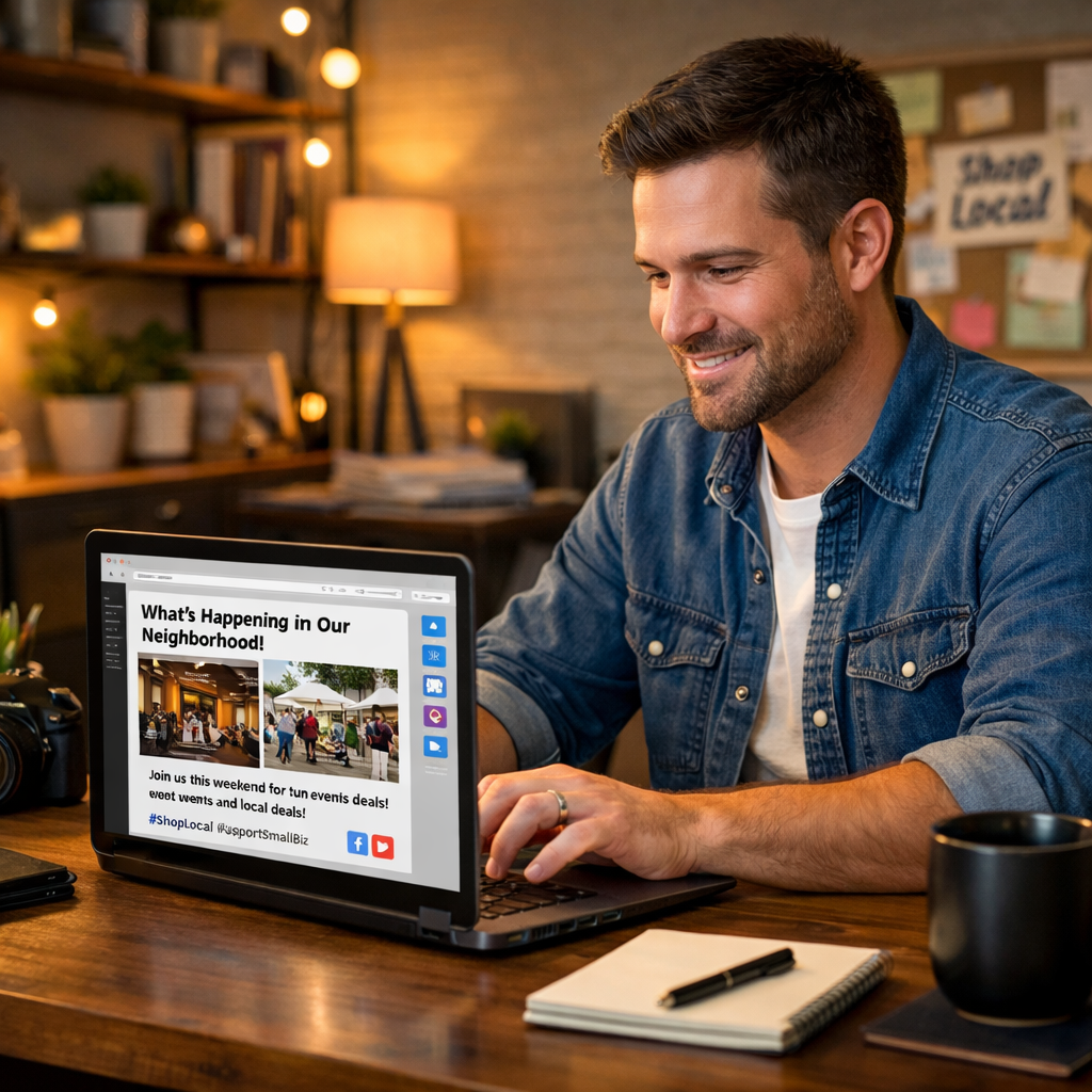 Small business owner at a desk creating a local neighborhood social media post on laptop, cozy modern office setting