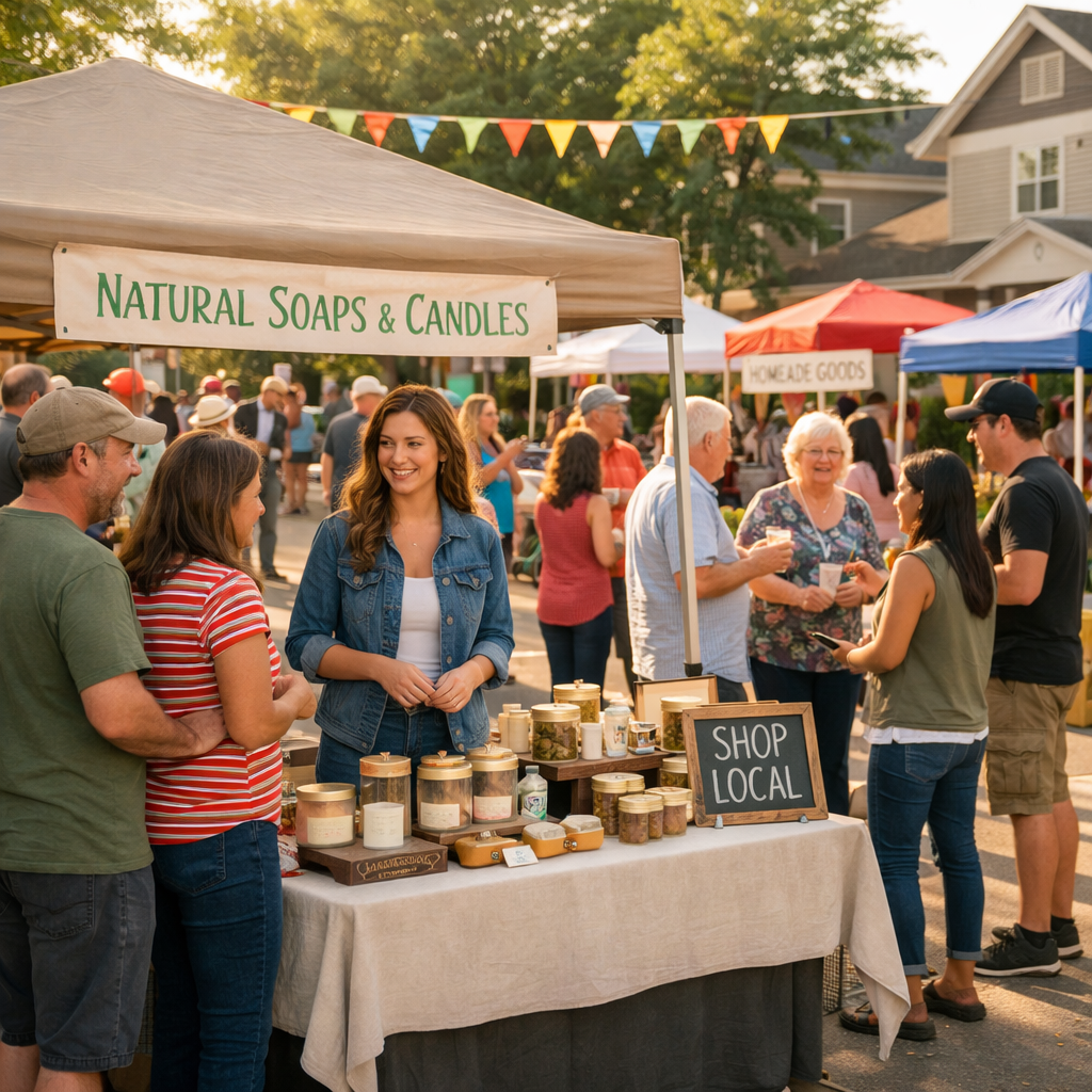 Local neighborhood community event with small business booth outdoors, neighbors gathering, vibrant suburban street