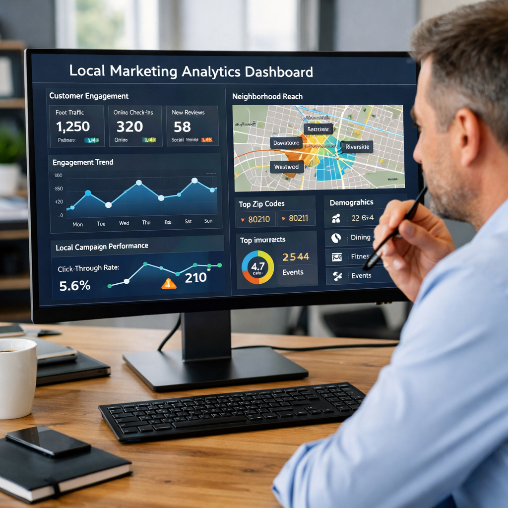 Marketing analytics dashboard on a modern computer screen showing local customer engagement metrics and neighborhood reach statistics
