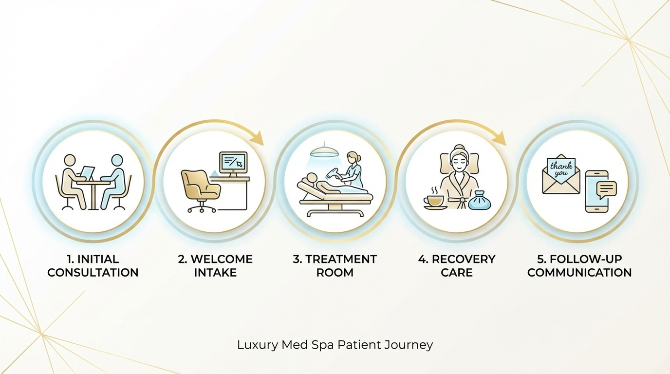 Five-stage patient journey infographic for aesthetic practices: consultation, intake, treatment, recovery care, and follow-up