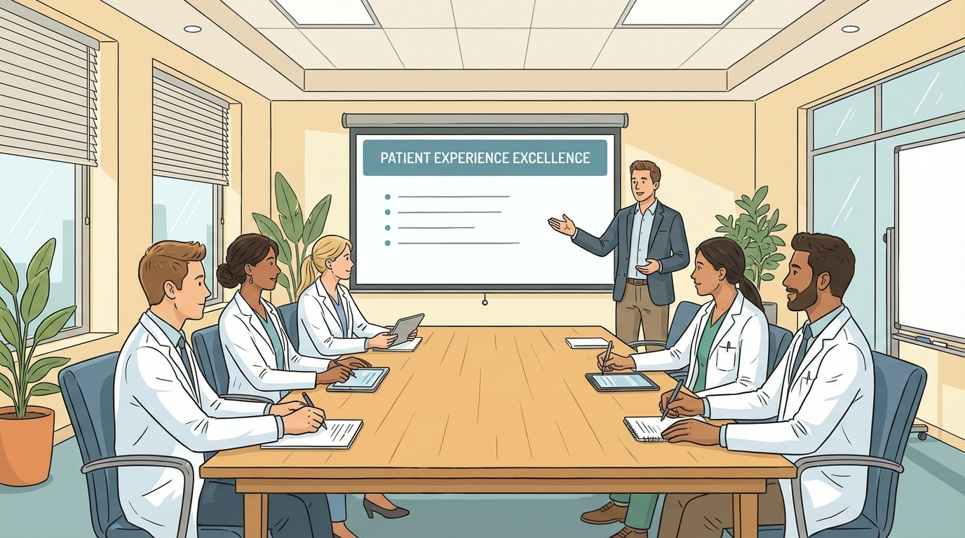 Med spa staff training session with aesthetic professionals taking notes during a patient experience presentation