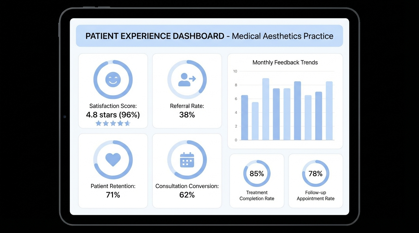 Patient experience metrics dashboard for aesthetic practices showing satisfaction scores, referral rates, and retention analytics