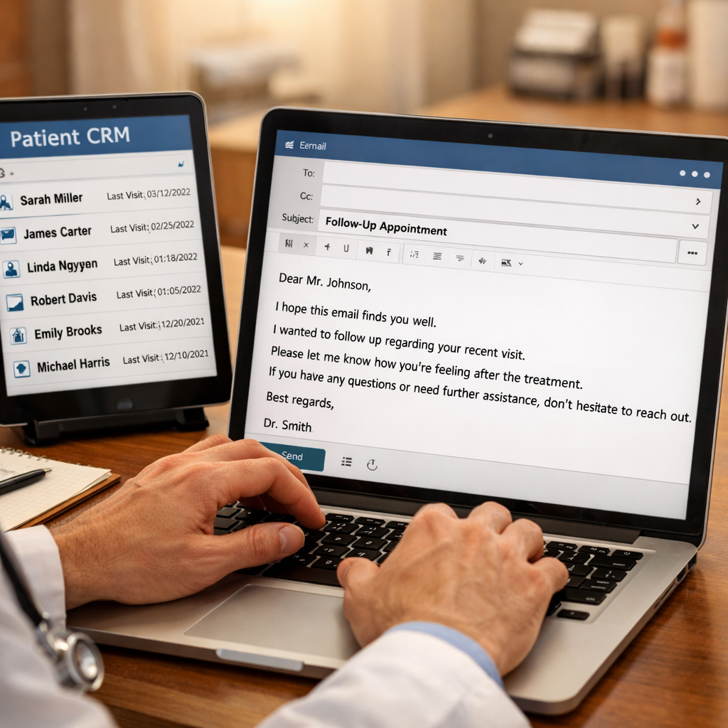 Medical professional composing a personalized email next to a CRM dashboard showing patient last-visit dates