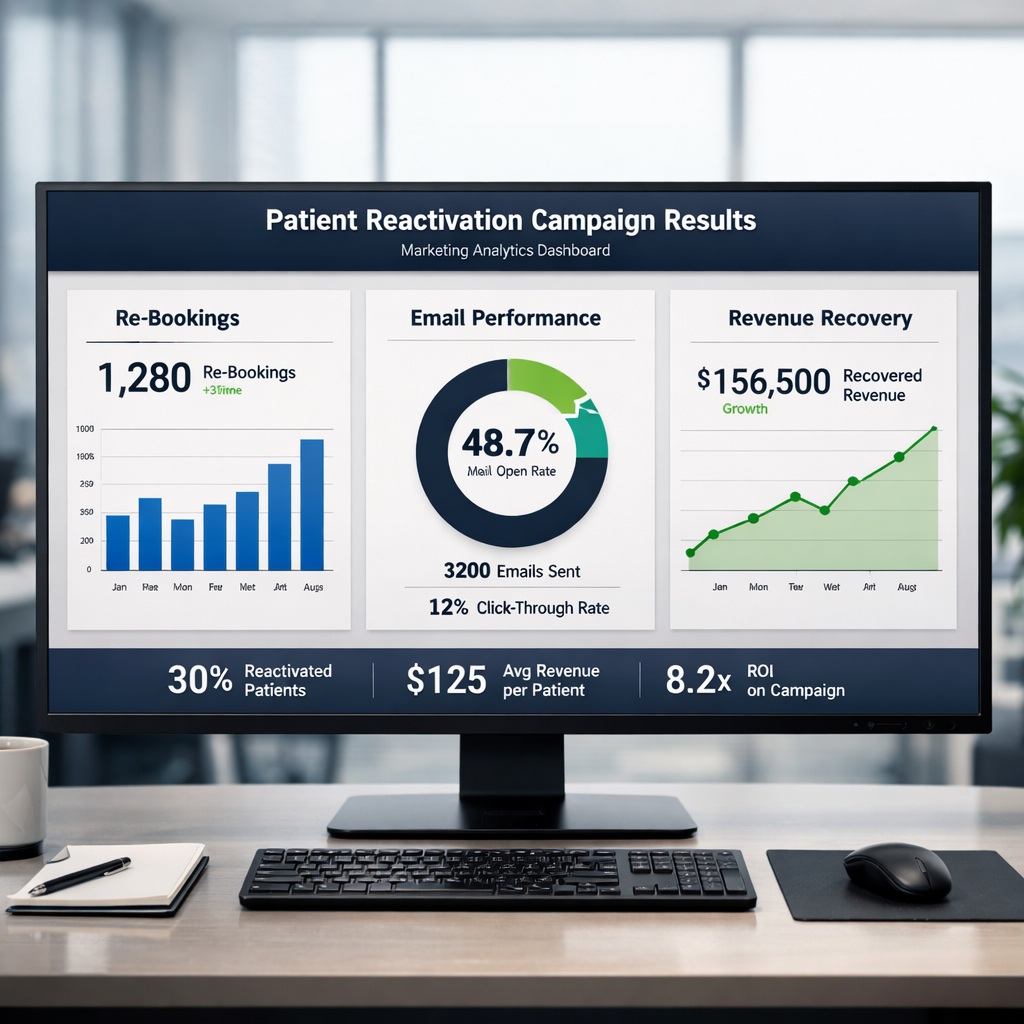 Marketing analytics dashboard showing reactivation campaign results with charts for re-bookings and revenue