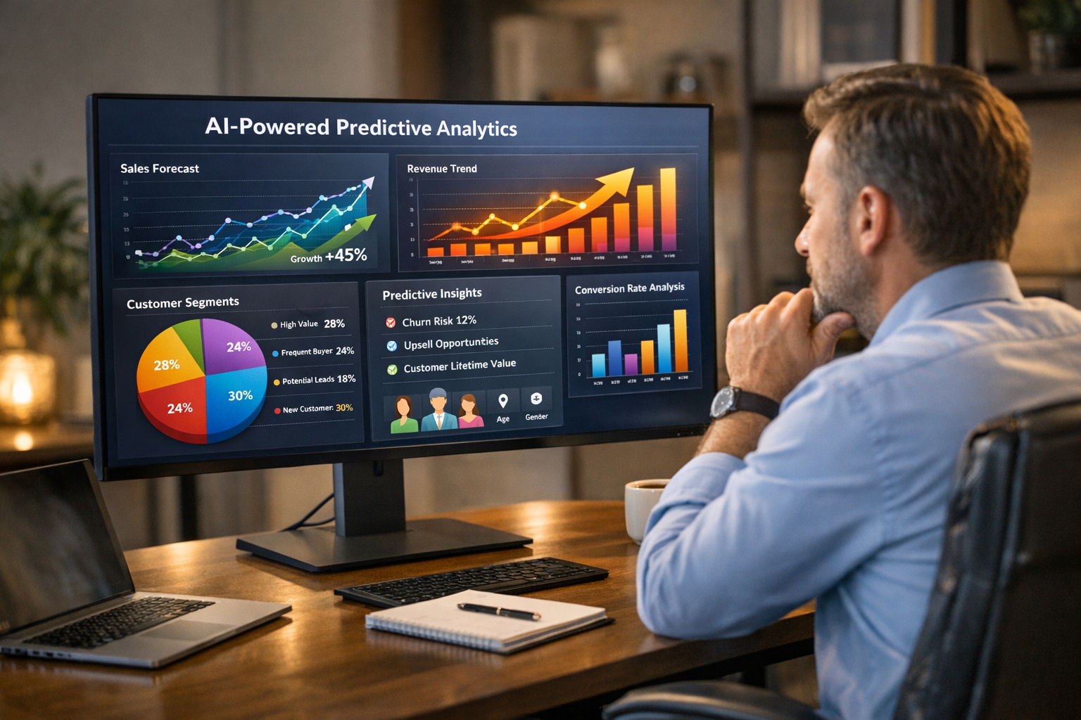 Small business owner reviewing AI-powered predictive analytics dashboard with trend forecasts and customer insights on a large monitor