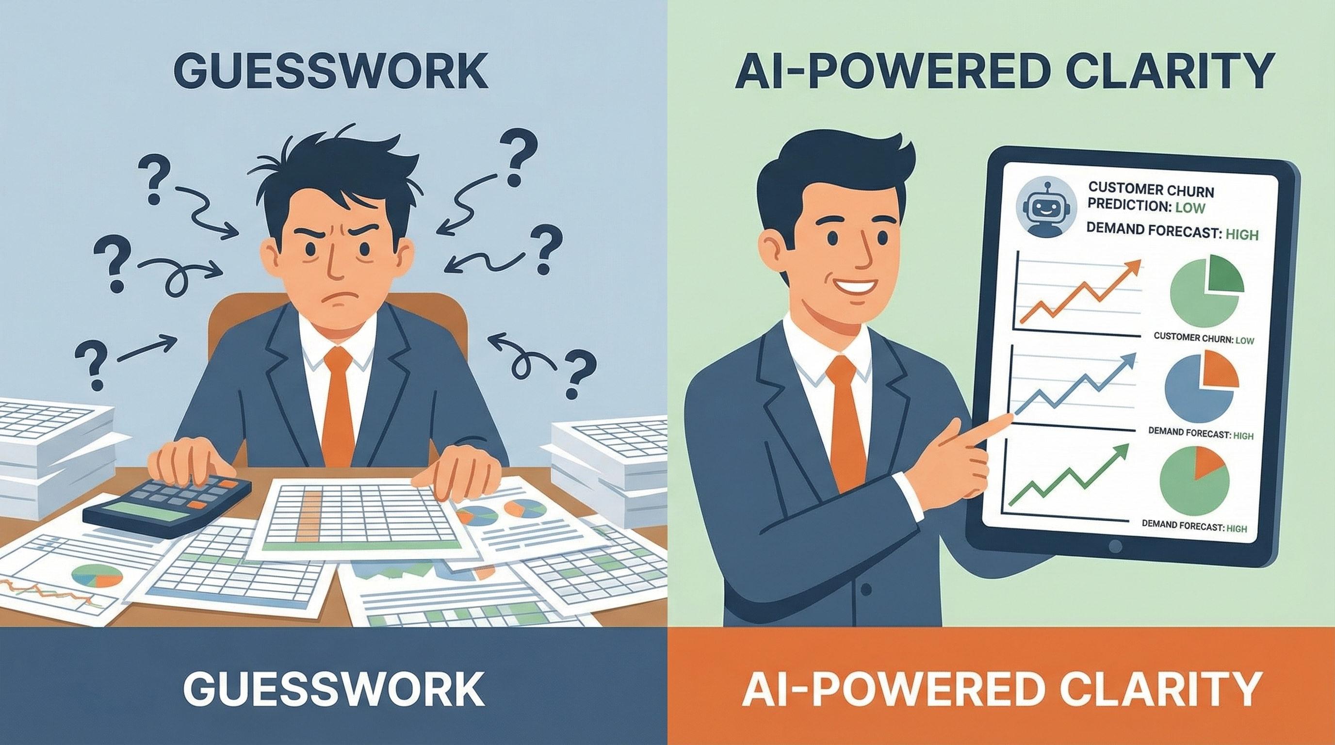 Side-by-side comparison of a stressed business owner surrounded by spreadsheets versus a confident owner viewing clean AI predictive forecasts and customer behavior charts