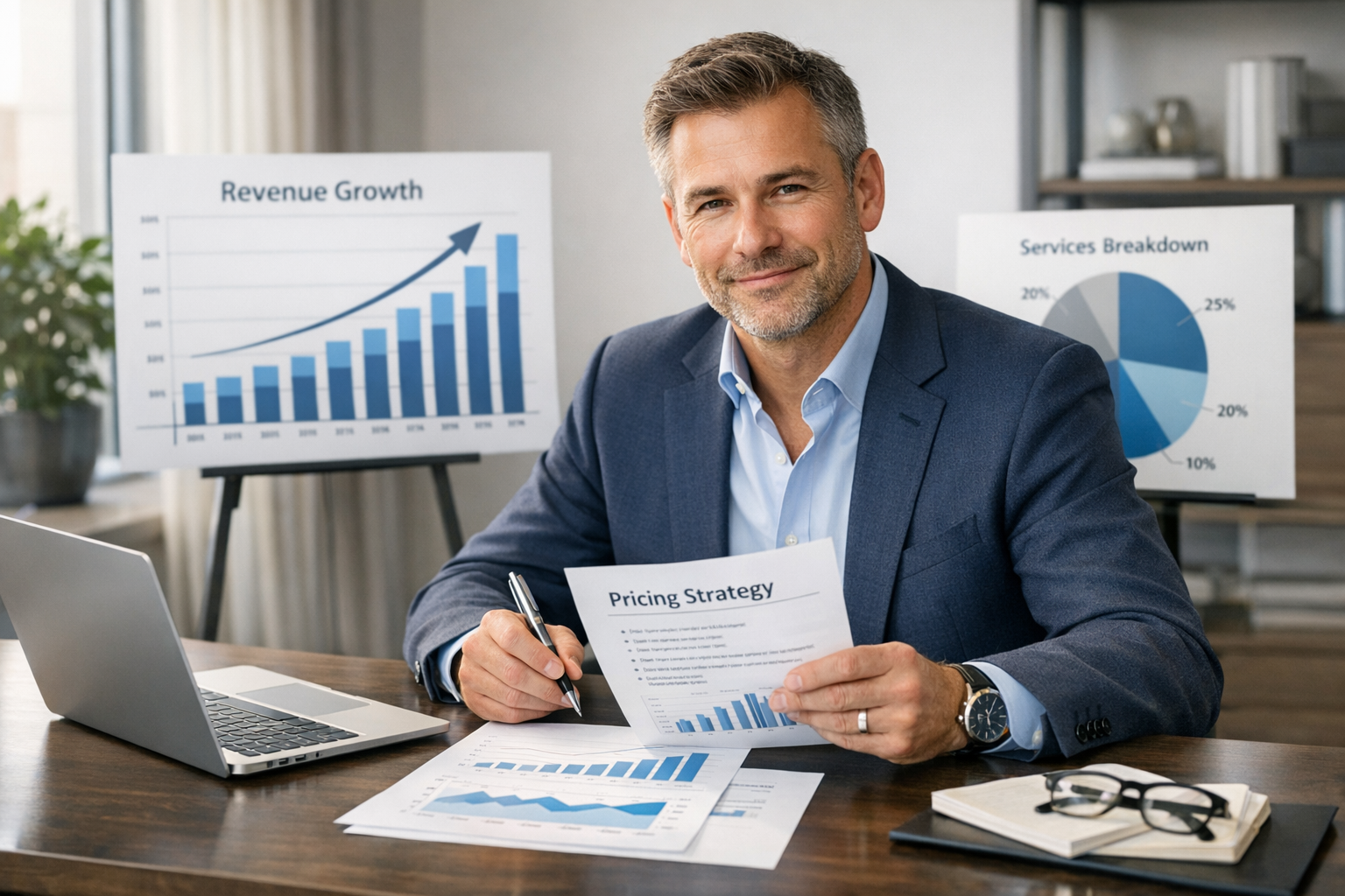 Service business owner reviewing pricing strategy with revenue growth charts