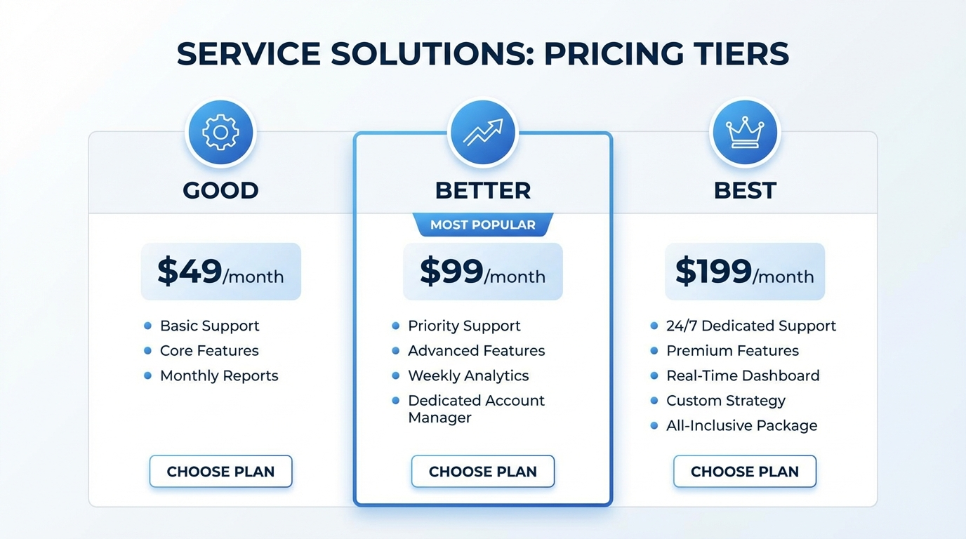 Three-tier pricing package options showing Good, Better, Best for service businesses
