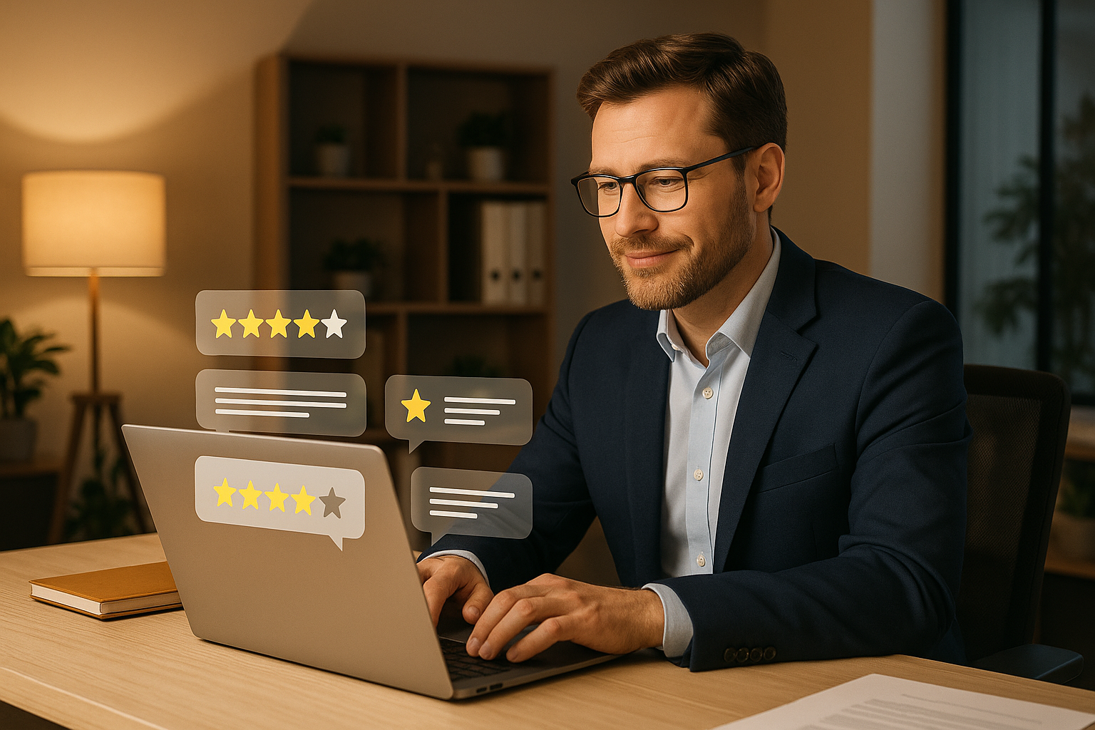 Business owner professionally responding to online reviews on laptop in modern office setting