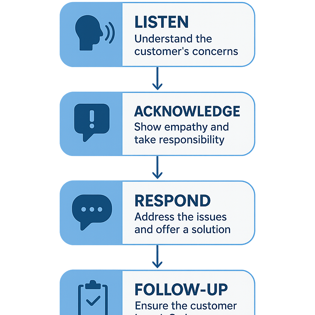 Response framework showing LISTEN, ACKNOWLEDGE, RESPOND, FOLLOW-UP steps in a professional flowchart