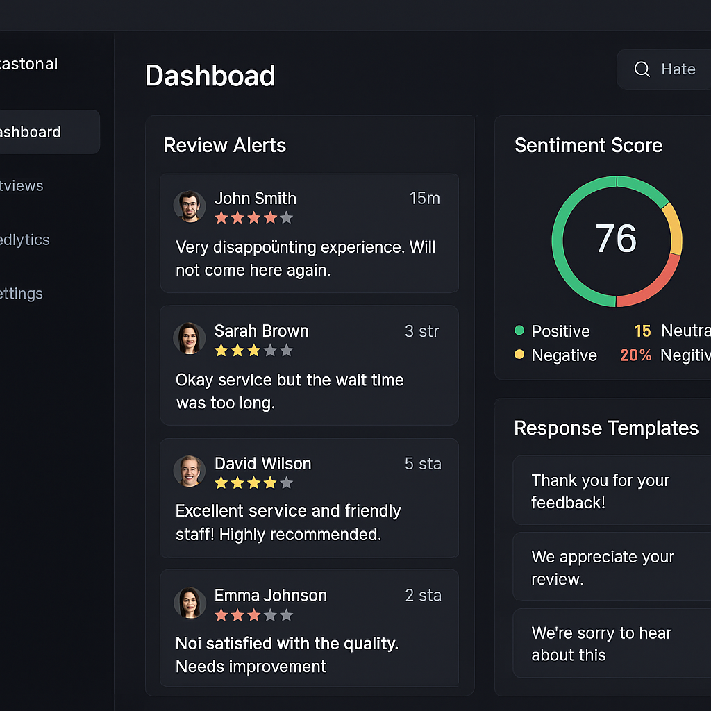 Dashboard mockup showing reputation monitoring interface with review alerts and sentiment scores