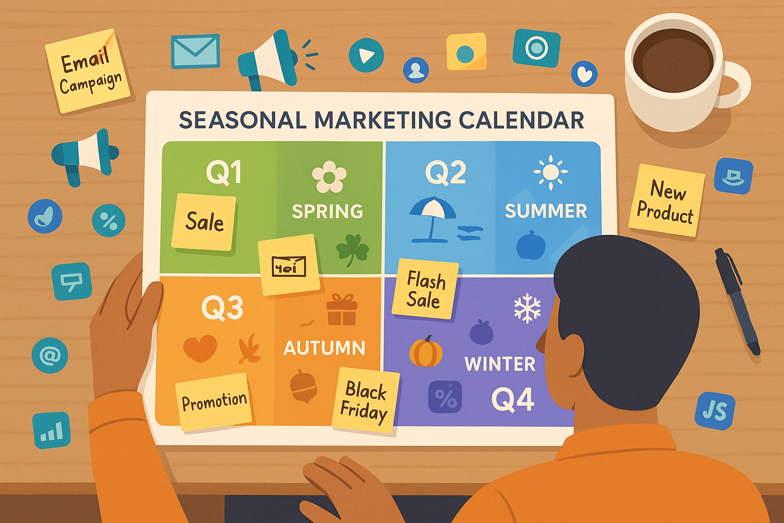 Colorful seasonal marketing calendar spread across a desk with Q1-Q4 campaign planning notes, holiday icons, and seasonal color coding