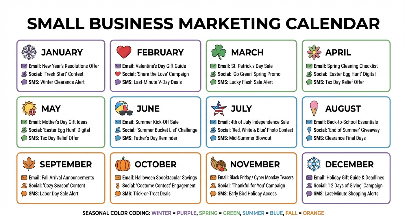 12-month seasonal marketing calendar grid showing key holidays, campaign types, and seasonal color coding for local business marketing planning