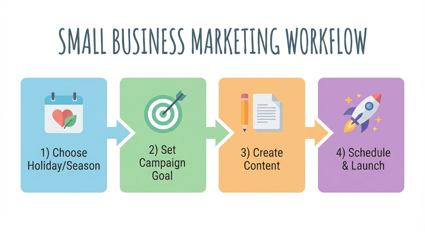 Campaign planning workflow: Choose holiday/season → Set campaign goal → Create content → Schedule and launch. Four-step process for local business seasonal marketing.