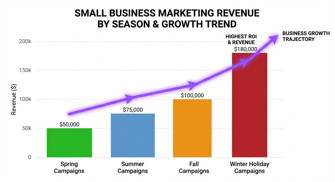 Bar chart showing seasonal campaign revenue comparison for small businesses: Q1 fresh start campaigns, Q2 spring/Mother's Day, Q3 summer/referral, Q4 holiday peak season