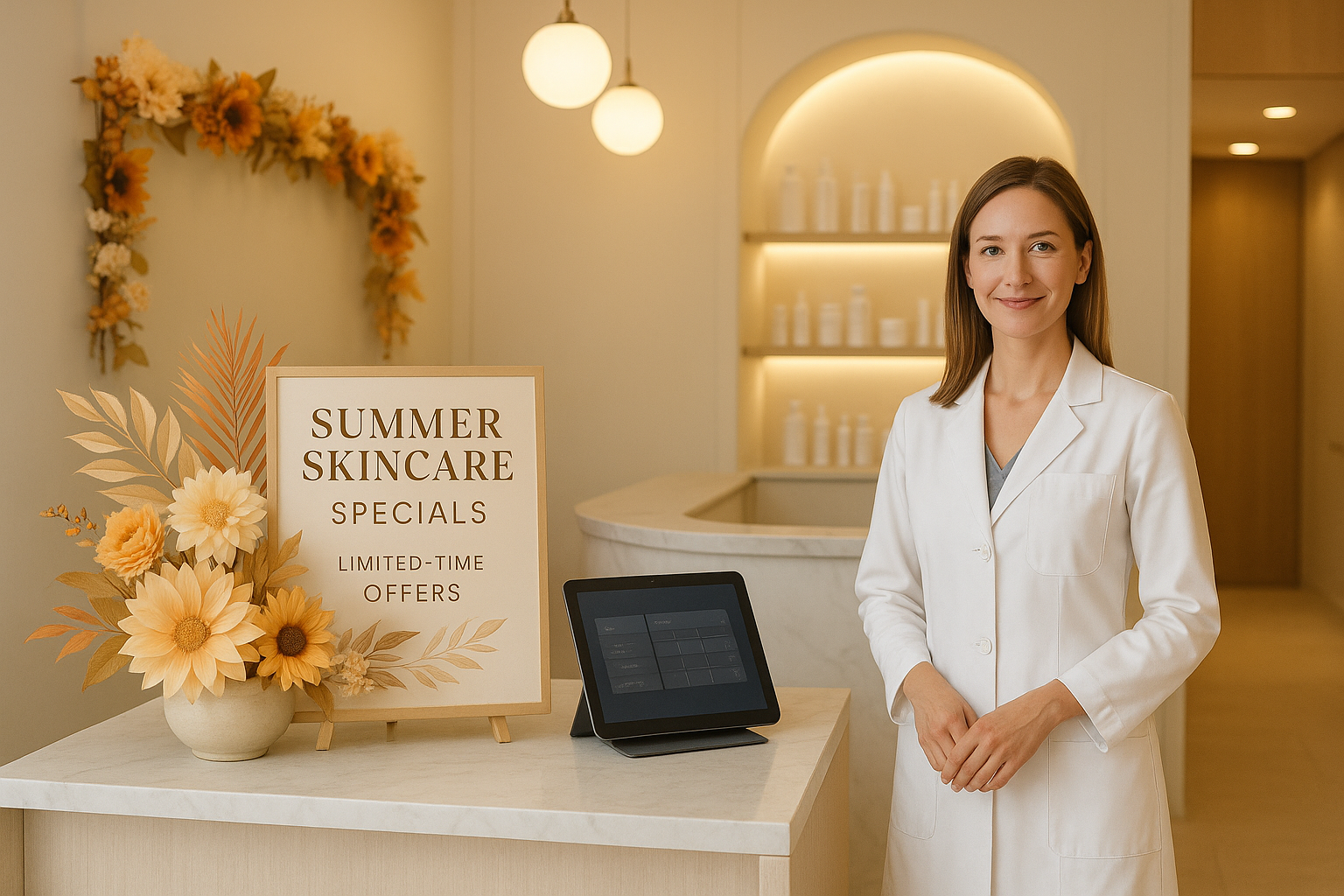 Med spa professional at reception desk with a Summer Skincare Specials sign, tablet, and floral arrangements
