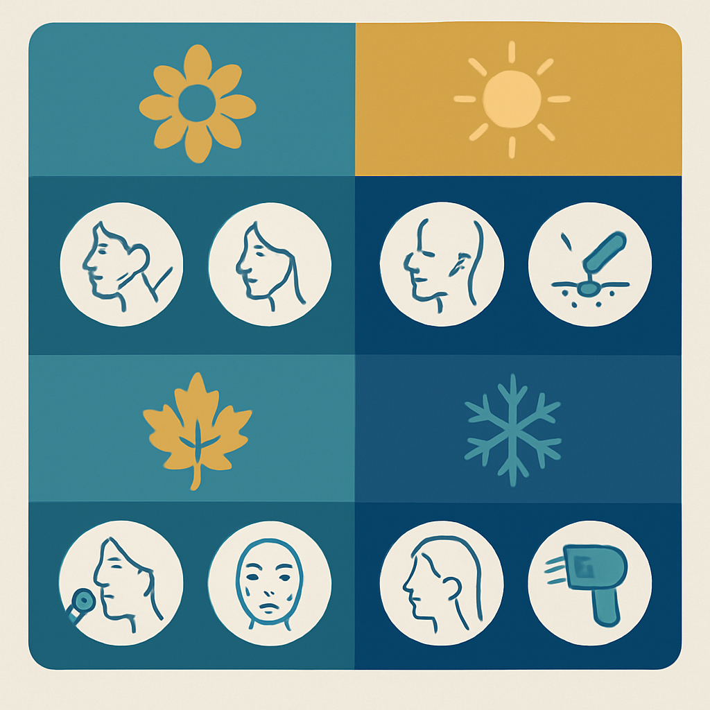 Seasonal med spa treatment calendar infographic showing spring, summer, fall, and winter treatment recommendations with season icons