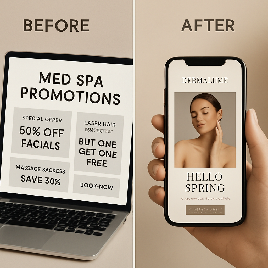 Before-and-after comparison of med spa promotional marketing — cluttered generic discount vs elegant branded Hello Spring promotion on smartphone