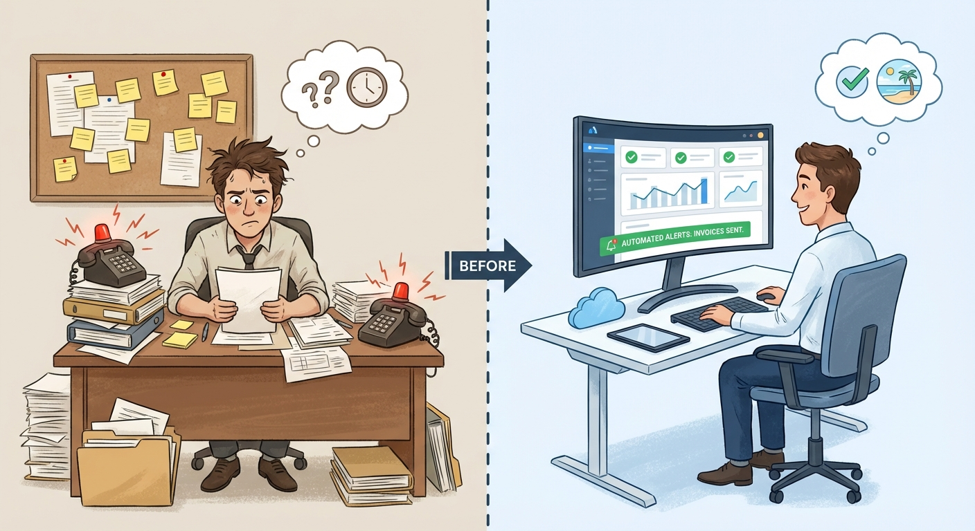 Split screen showing stressed business owner with cluttered desk vs relaxed owner with clean digital workspace