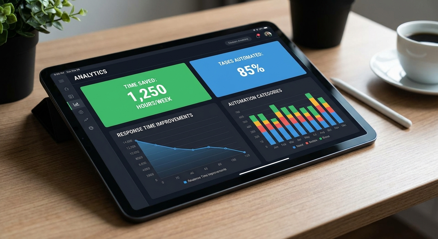 Business analytics dashboard showing automation metrics including time saved and response improvements