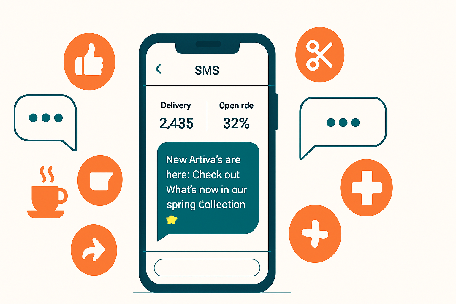 Smartphone displaying SMS marketing campaign dashboard with engagement metrics and notification bubbles