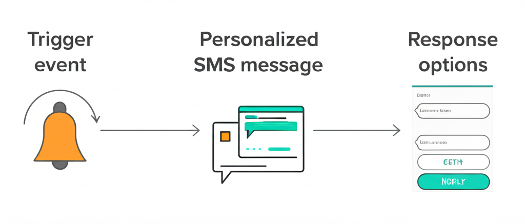 Automated SMS campaign workflow showing trigger event, personalized message, and response options with teal and orange step-by-step diagram