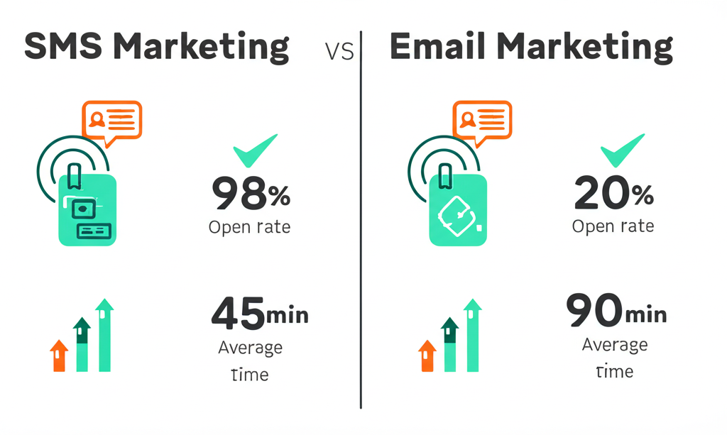 SMS vs Email marketing comparison infographic showing 98% open rate for SMS versus 20% for email, with response rate and timing statistics