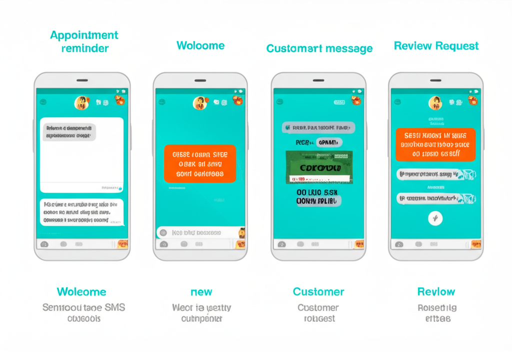 Four smartphone mockups displaying different SMS campaign types: appointment reminder, welcome message, promotional offer, and review request