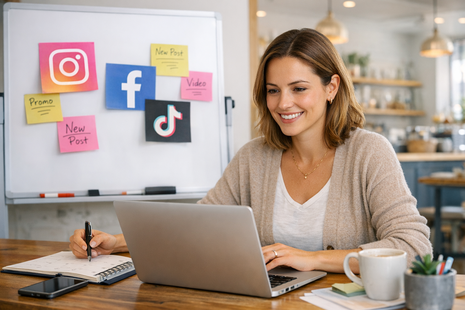 Local business owner reviewing her social media content calendar on a laptop in her bright boutique shop