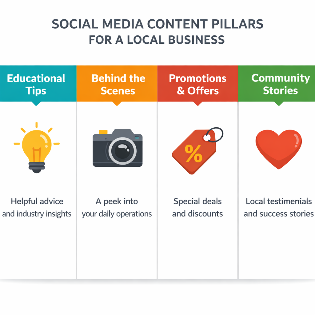 Flat infographic showing four content pillars for local business social media: Educational Tips, Behind the Scenes, Promotions and Offers, and Community Stories with icons