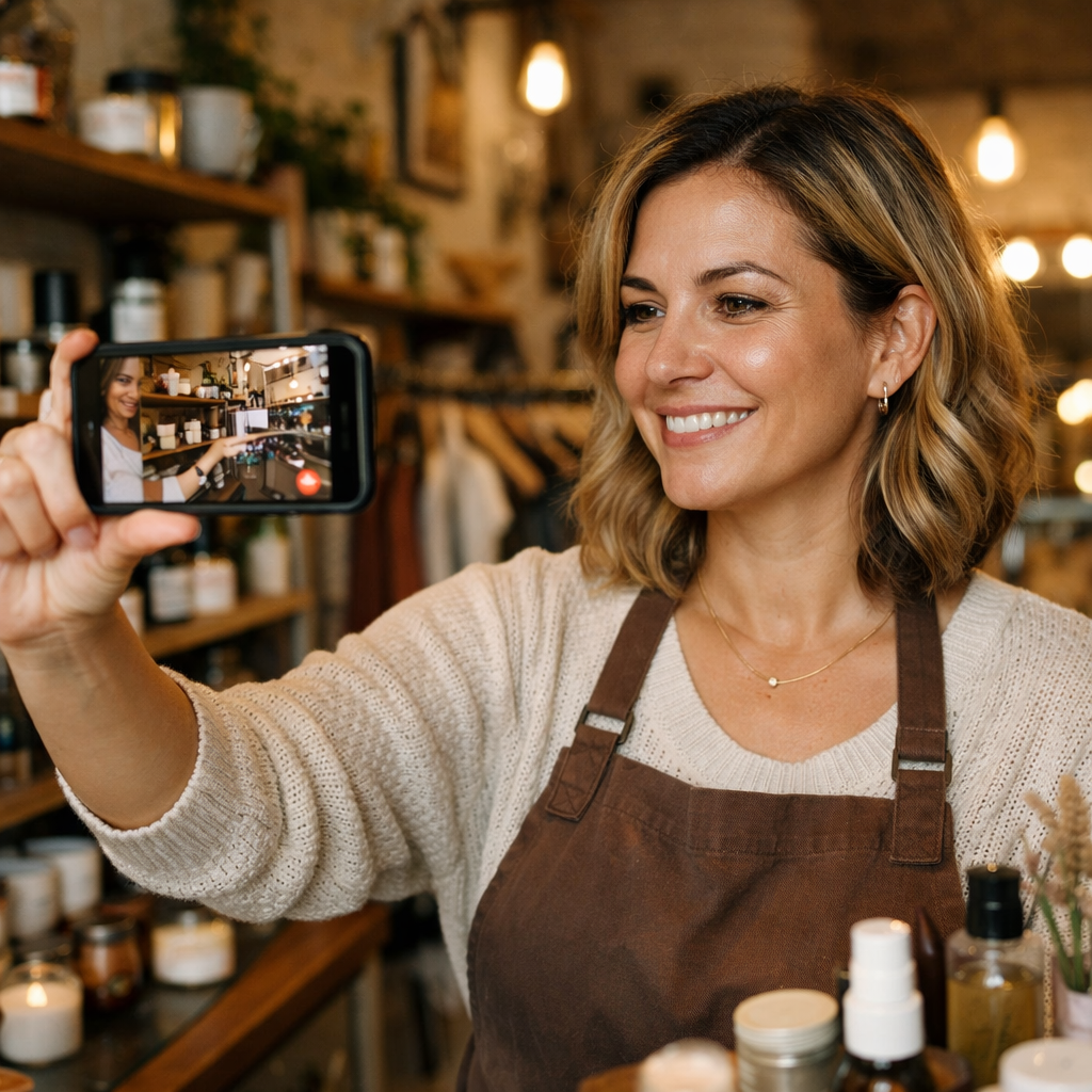 Local business owner holding up smartphone to film a quick behind-the-scenes video in her boutique shop, authentic and candid moment