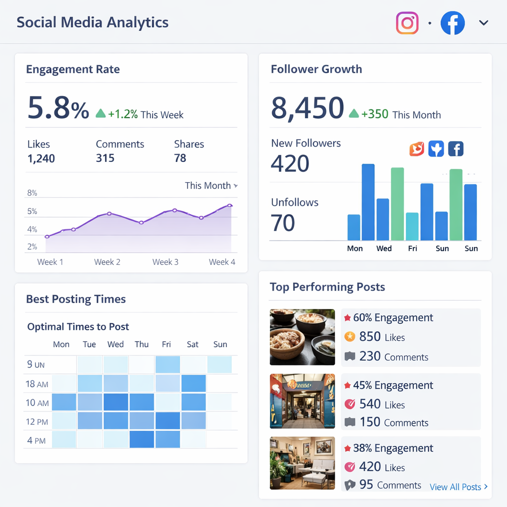 Social media analytics dashboard showing engagement rate, follower growth, best posting times, and top performing posts for a local business
