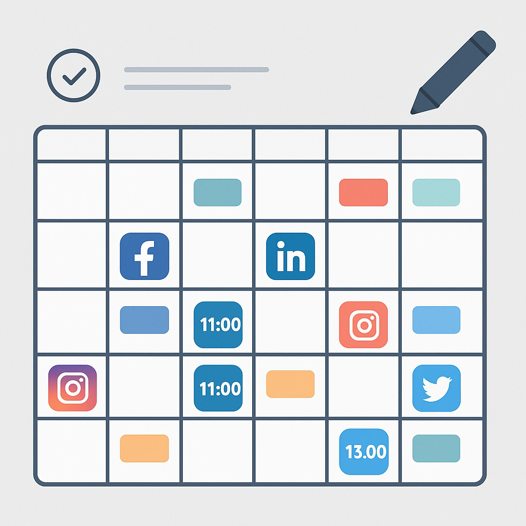 Content calendar planning process showing weekly schedule with posts distributed across social media platforms