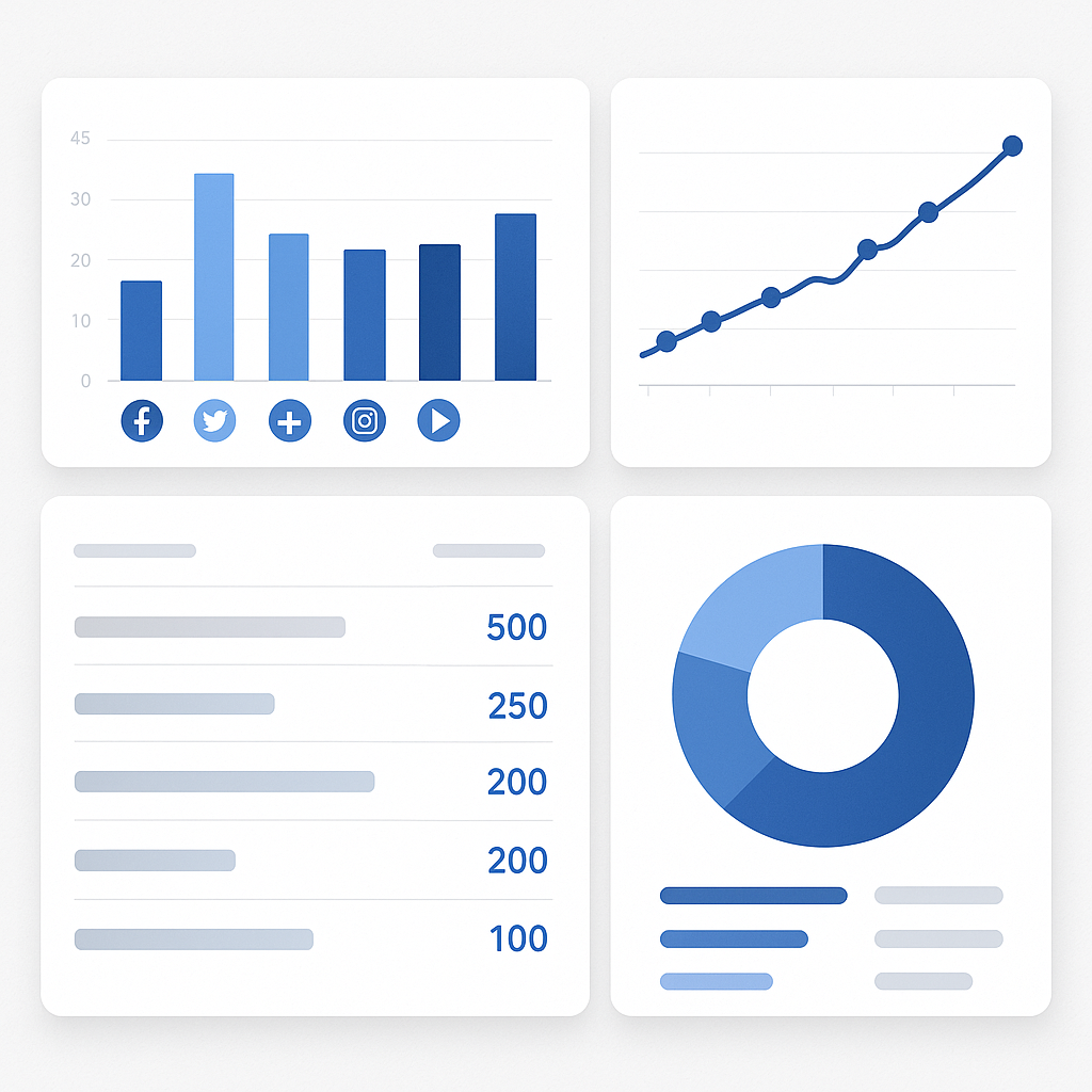 Analytics dashboard showing social media performance metrics with engagement charts and growth trends