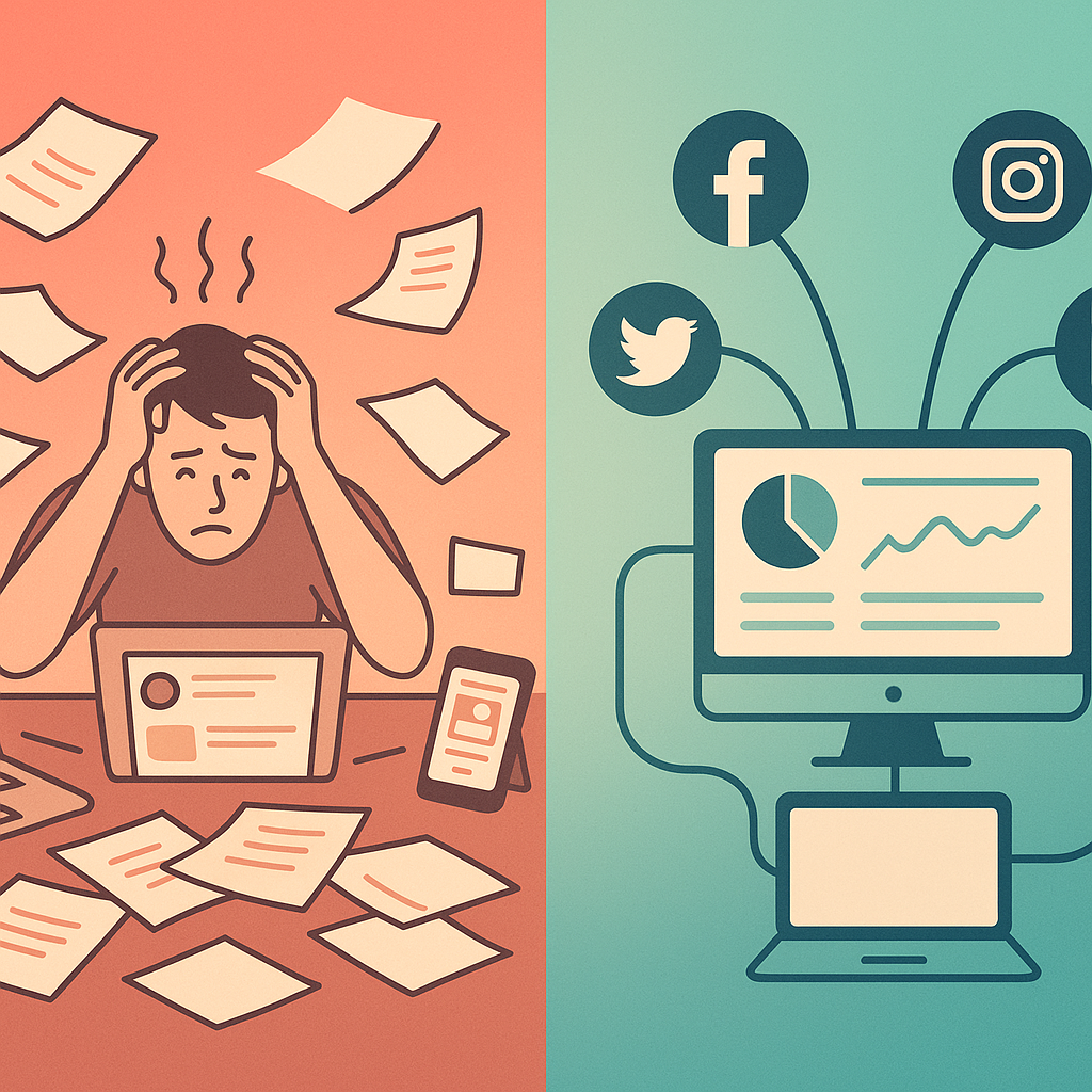 Comparison showing chaotic manual social media management versus streamlined automated workflow