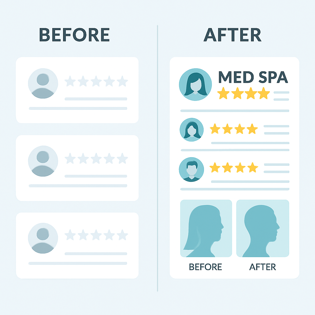 Elegant medical spa consultation room with patient testimonial display and digital tablet showing social proof collection system with soft professional lighting